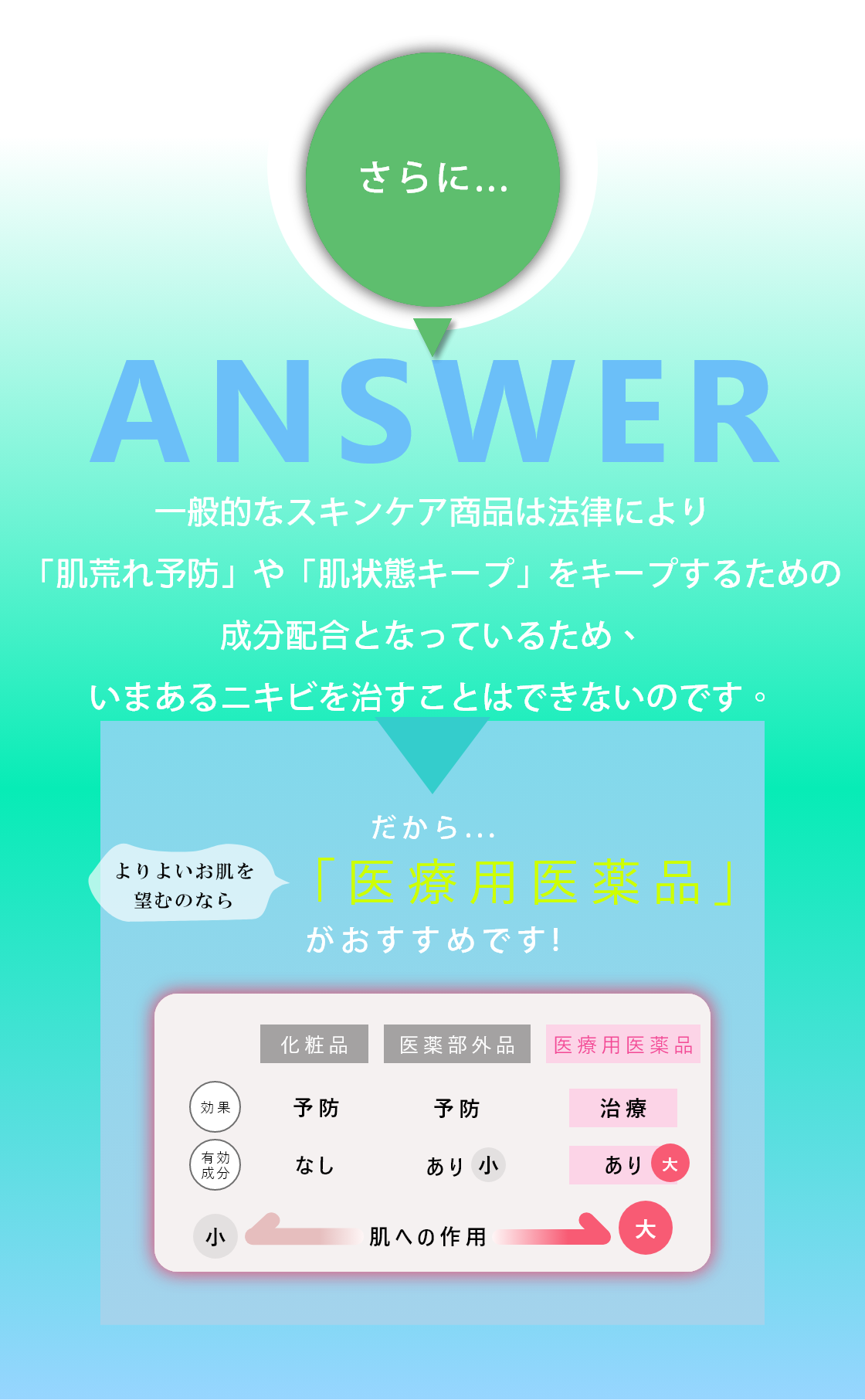 一般的なスキンケア商品は法律により「肌荒れ予防」や「肌状態キープ」をキープするための成分配合となっているため、いまあるニキビを治すことはできないのです。